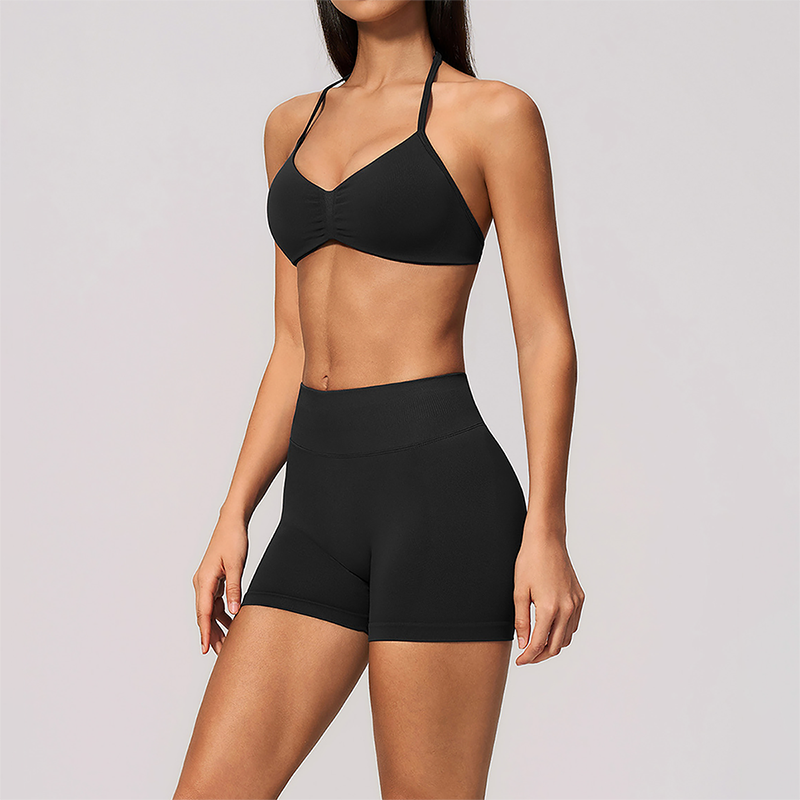Wholesale Women's Seamless Yoga Set: Halter Open-Back Sports Bra & Shorts – Quick-Dry Lycra w/ Chest Pad