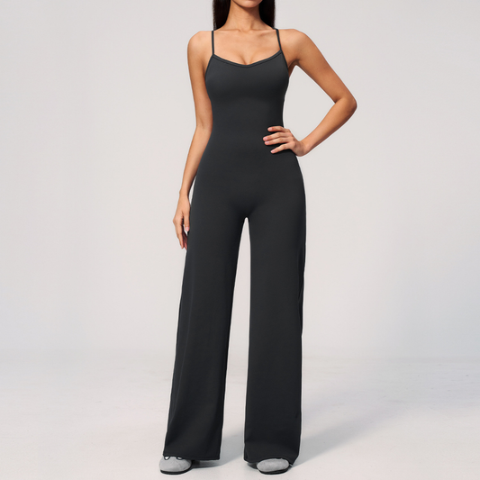 Wholesale Women's Brushed Yoga Jumpsuit – Cross Back Wide-Leg Athletic Bodysuit w/ Chest Pad