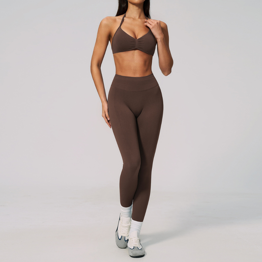 Wholesale Women's Seamless Yoga Set: Strappy Sports Bra & Leggings – High-Stretch w/ Chest Pad