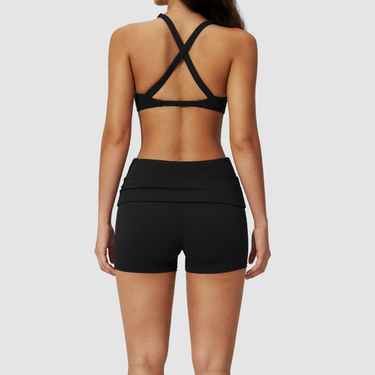 Wholesale Cross Trap Sports Bra + Fold-Up Waistband Shorts 2-Piece Set