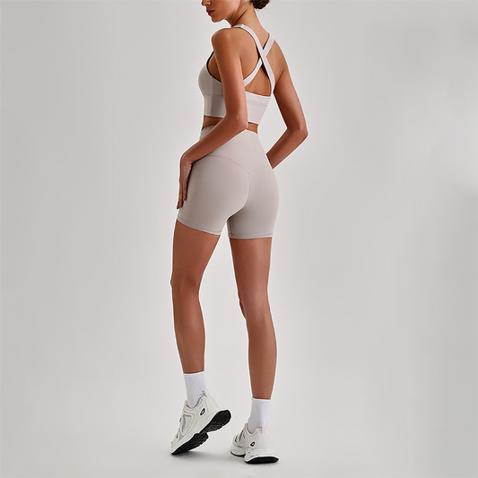 Wholesale Cross-Back Sports Bra & High-Waist Biker Shorts Set – Naked-Feel Quick-Dry Yoga 2-Piece