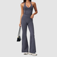 Wholesale Women's V-Neck Halter Sports Bra & Flare Pants Set – Seamless Ribbed Yoga Activewear