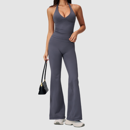 Wholesale Women's V-Neck Halter Sports Bra & Flare Pants Set – Seamless Ribbed Yoga Activewear