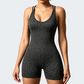 Wholesale Women's Seamless Leopard Print Yoga Bodysuit – Spaghetti Strap Open-Back Athletic Shorts Jumpsuit