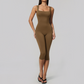 Wholesale Women's Bare-Feel Square Neck Yoga Jumpsuit with Chest Pad & Capri Shorts