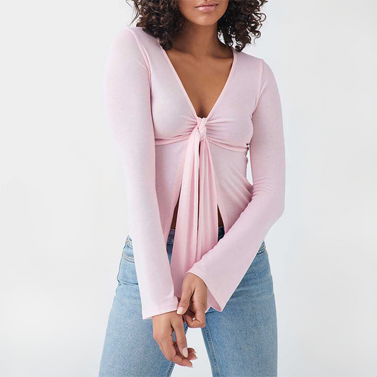 Wholesale Modal-Blend Tie-Front Bow Long-Sleeve Fitted T-Shirt – Elegant Slim-Fit Top