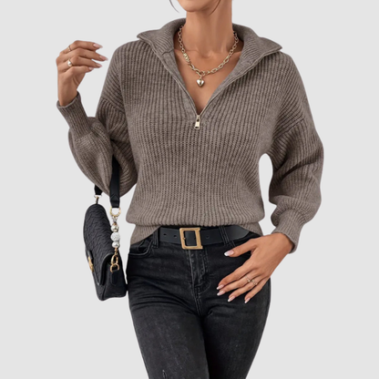 Wholesale Women's Sweaters Polo-Collar Zip Long-Sleeve Knit Sweater Top