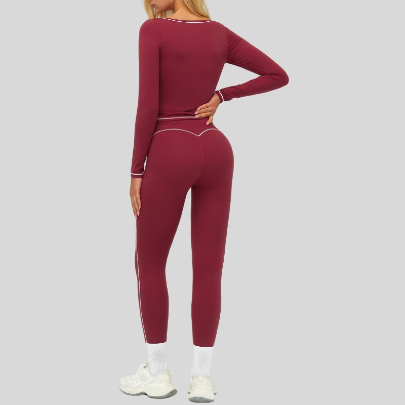 Color-blocked long-sleeved sports top+High waisted leggings 2-piece set