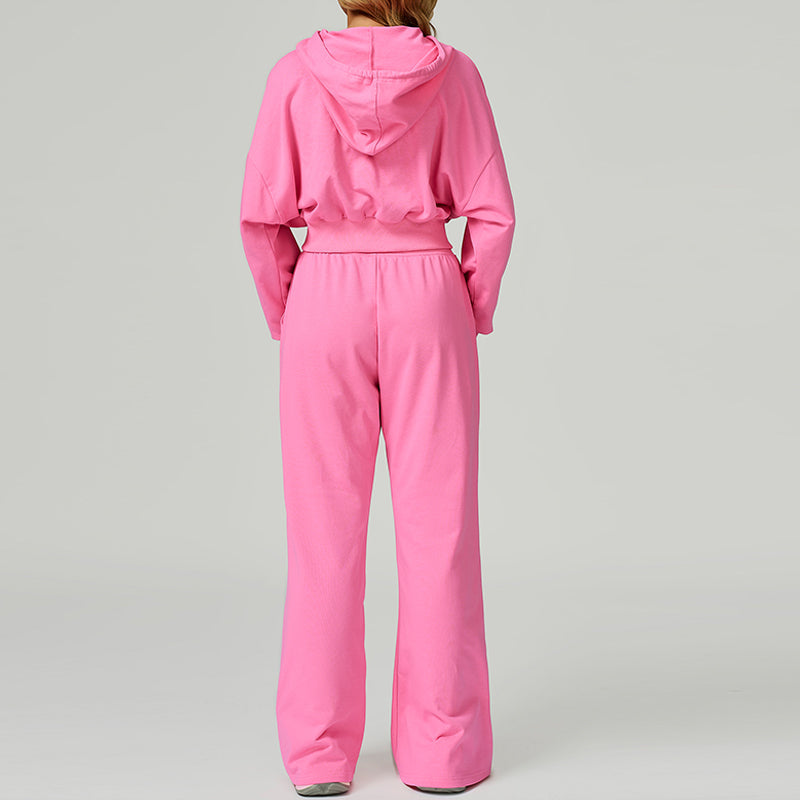 Loose hooded and full zipper Sweatshirt + drawstring Sweatpants 2 pieces set