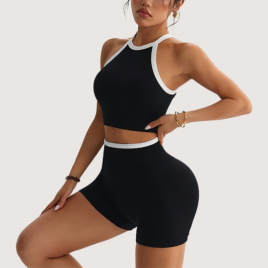 Wholesale Women's Colorblock Open Back Yoga Set – High-Waist Shorts & Bra