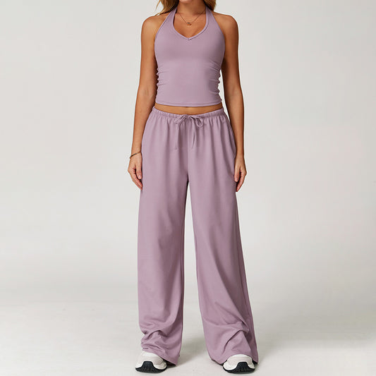 Halter sleeveless top And loose Straight Leg pants 2 pieces set