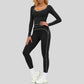 Color-blocked long-sleeved sports top+High waisted leggings 2-piece set