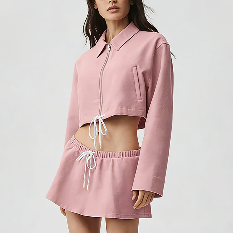 Wholesale Cotton-Blend Drawstring Zip Jacket & Mini Skirt Set – 2-Piece Casual Sports Matching Set