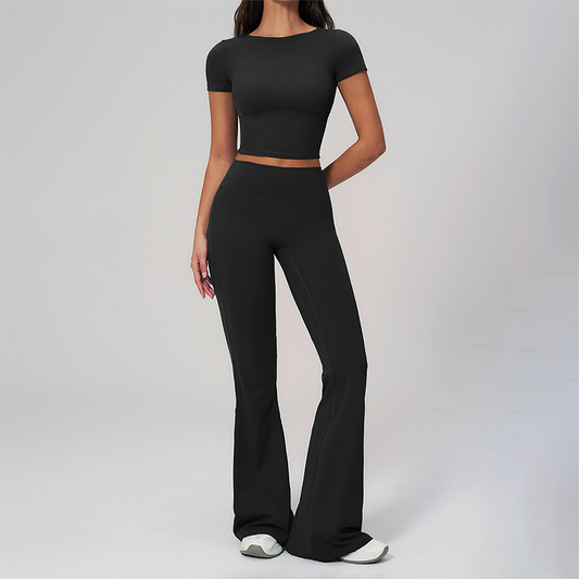Wholesale Seam-Detail Cropped T-Shirt & Flare Leggings Set – Brushed Yoga 2-Piece