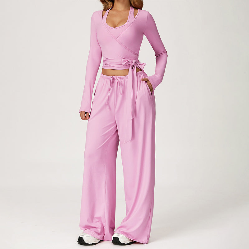 V-neck crop top+Open-back sleeveless crop+HIGH WAIST LEGGINGS 3-PIECE SET