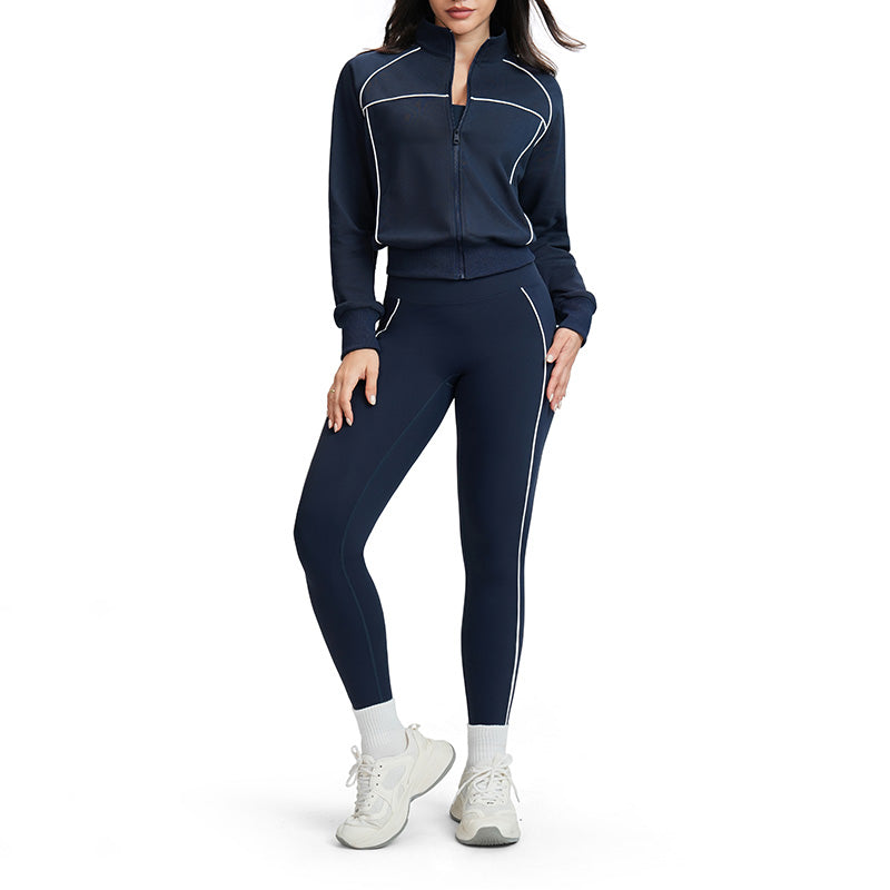 Color-blocked loose-fitting jacket + high-waisted leggings 2-piece set
