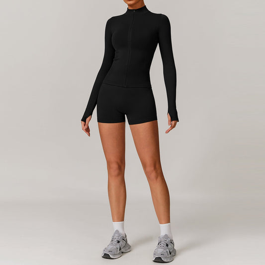 Seamless Full Zipper Fitness jackets + high waist shorts 2-piece set