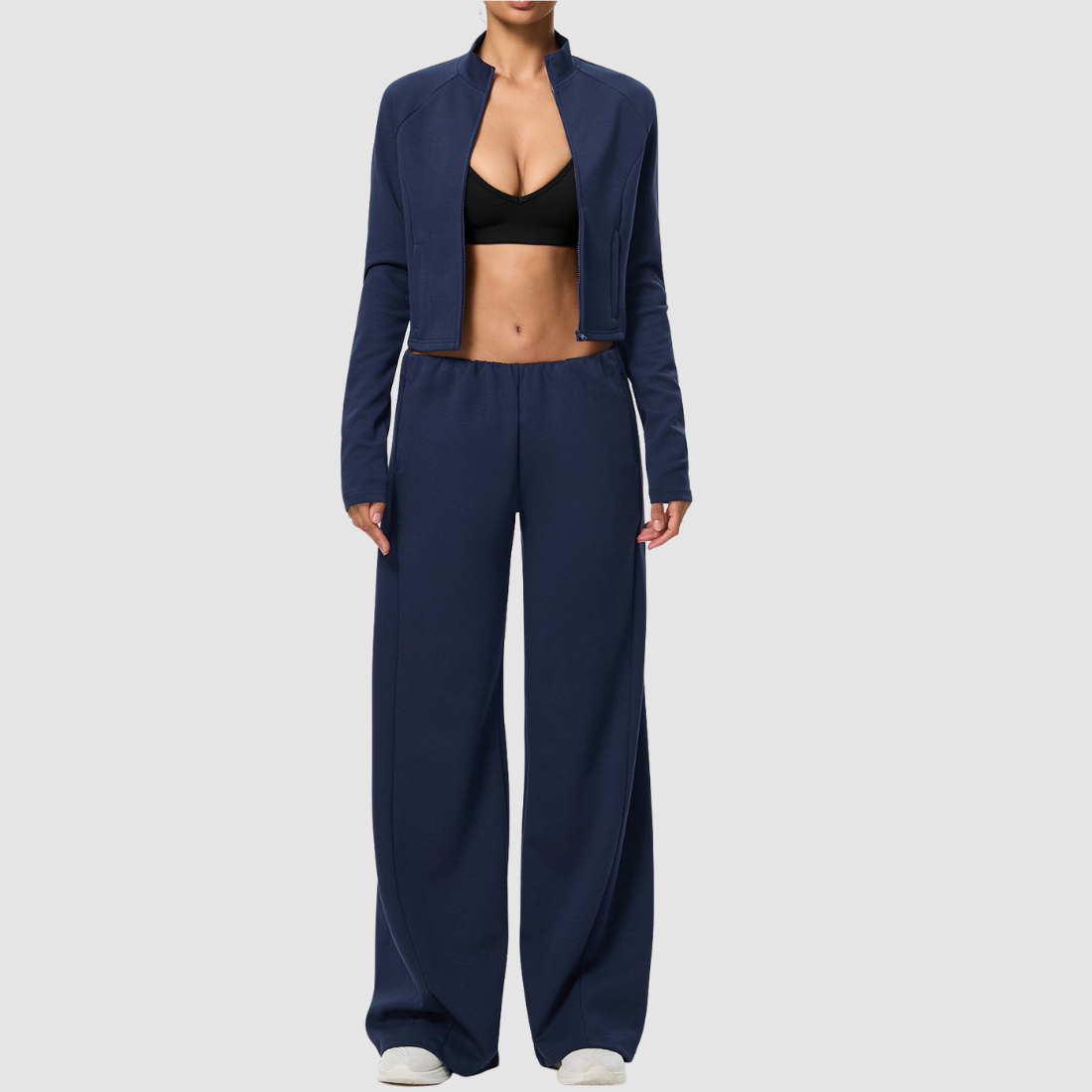 Wholesale Women's Activewear Cotton Stand-Collar Zip-Up Jacket & Wide-Leg Pants Warm Set