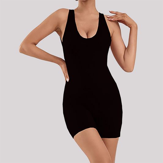 Wholesale Women's Open-Back Athletic Bodysuit – Cloud-Feel Double-Sided Quick-Dry Shorts Jumpsuit