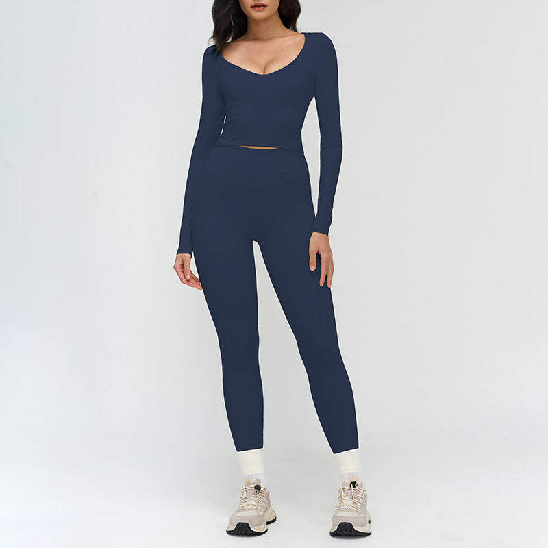 V-neck slim-fit long-sleeved top + High waist leggings 2-piece set