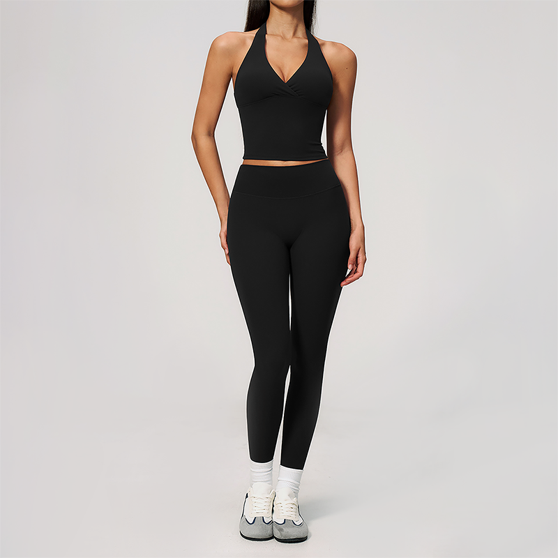 Wholesale Women's Cream-Feel Fleece Deep-V Halter Neck Tank Top & Leggings Set