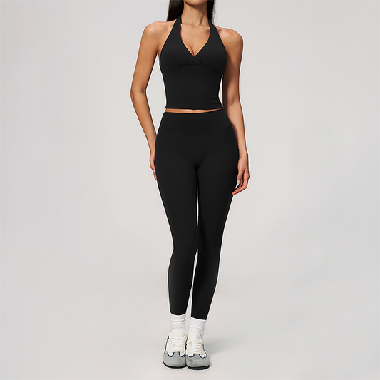 Wholesale Women's Cream-Feel Fleece Deep-V Halter Neck Tank Top & Leggings Set