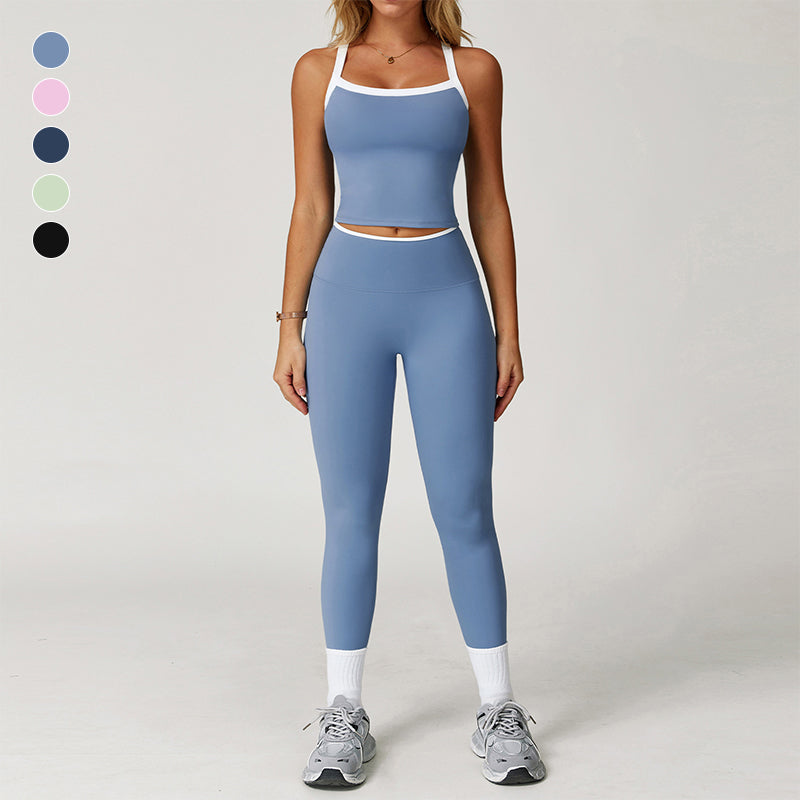 Camina de tanque de color contrastante + Leggings de cintura alta de 2 piezas