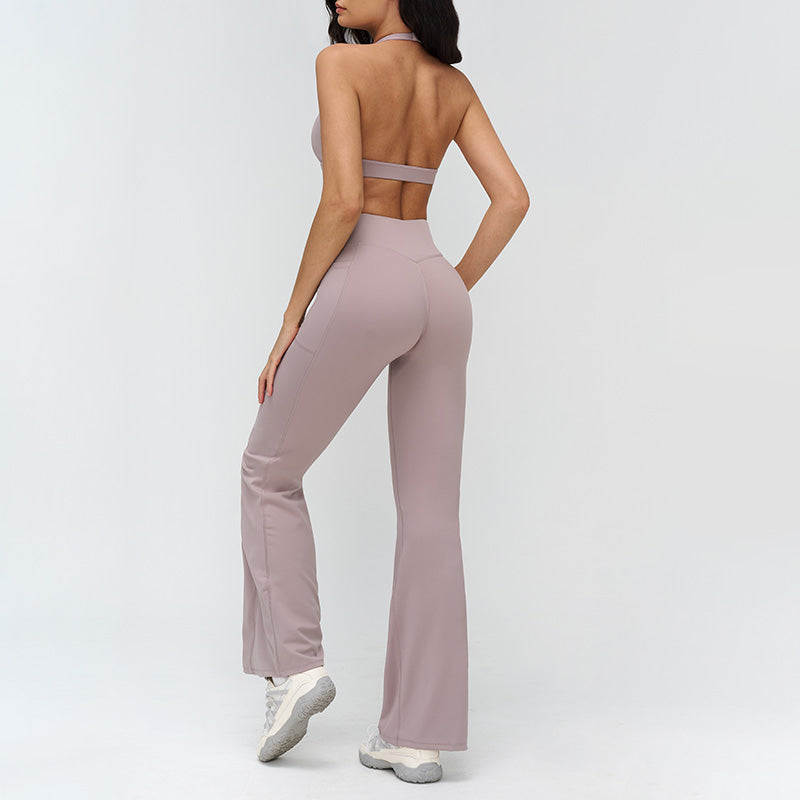 Halterneck backless bra + Flared pants 2-piece set