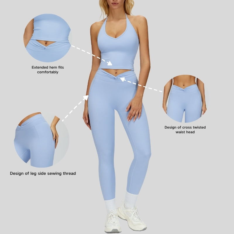 Removable Bra Pad Tank top+Pleated waistband sport leggings 2-piece set