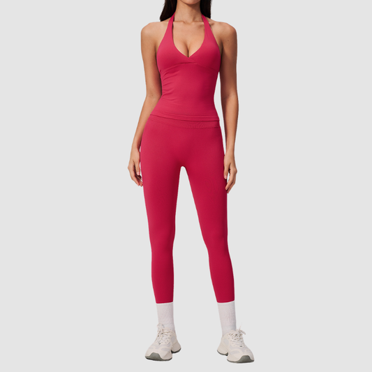 Wholesale Women's Halter Sports Bra & Full-Length Leggings Set – Seamless Peach-Lift Yoga Activewear