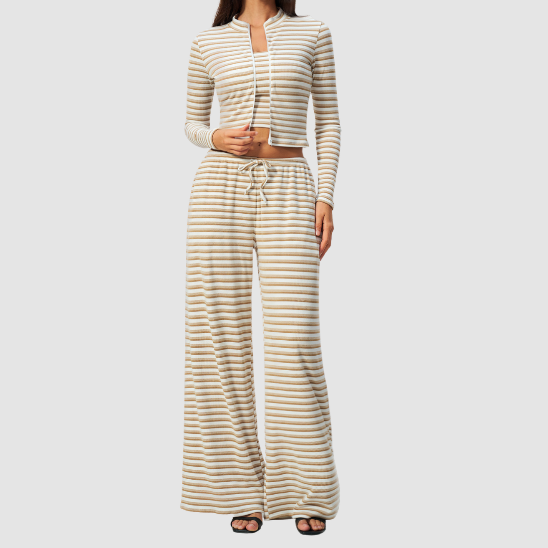 Wholesale Women's Stripe Yoga Bra & Wide-Leg Pants & Jacket 3-Piece Set