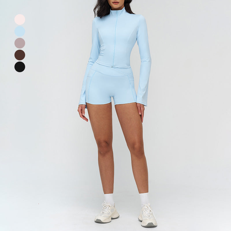 Stand-up collar yoga jacket + side pocket design shorts 2-piece set