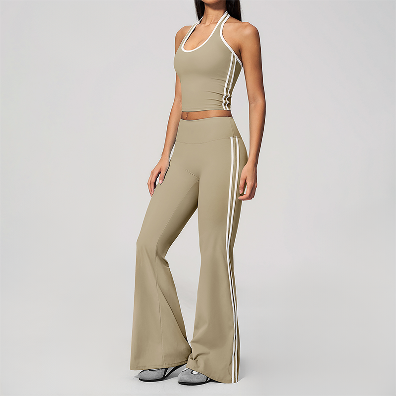 Wholesale Women's Bare-Feel Color-Block Tank Top & High waisted flared pants Set
