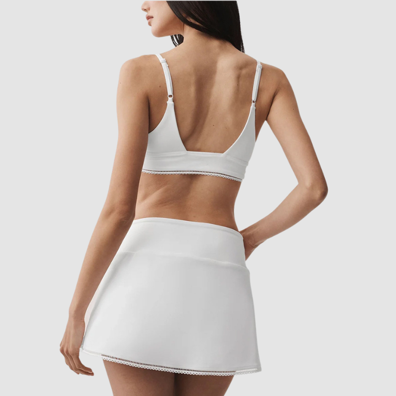 Wholesale Women's Lace Trim Bra & Mini Skirt & Cardigan 3-Piece Yoga Set