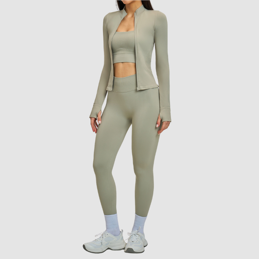 Wholesale Cross Shoulder Strap Bra+Legging+Jacket 3-Piece | Wonderxfans bulk activewear