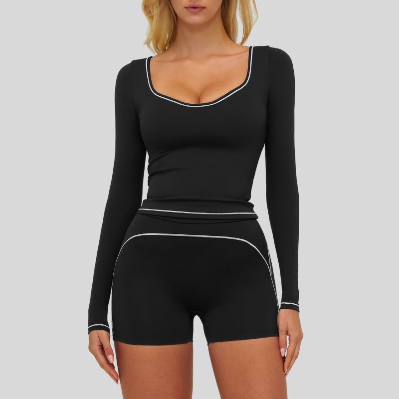 Color-blocked long-sleeved sports top+High waisted shorts 2-piece set