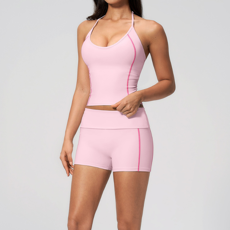 Wholesale Women's Halter V-Neck Color-Block Yoga Set – Slim-Fit Sports Bra & Shorts