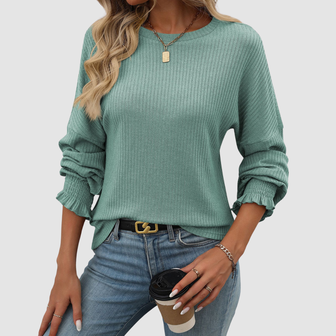 Wholesale Women's Ribbed Long Sleeve T-Shirt – Loose Ruffle-Sleeve Top