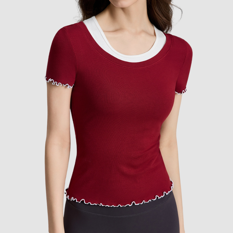 Wholesale Women's Faux Two-Piece Contrast Color Short-Sleeve Yoga Top – Slim Fit Activewear