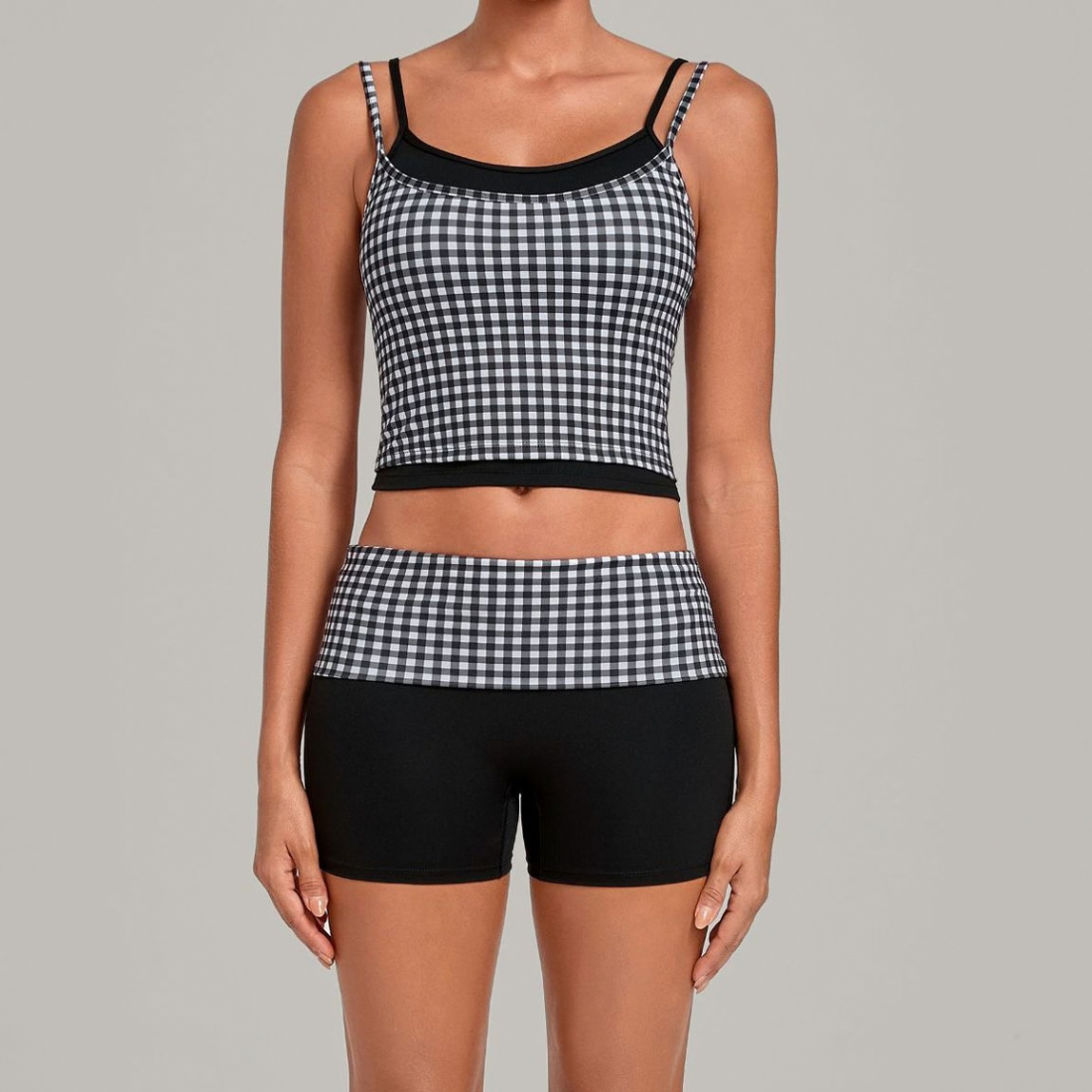 Wholesale Women's Retro Print Double-Strap Yoga Vest+High-waist Shorts Two-Piece Set