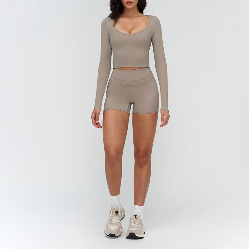 V-neck slim-fit long-sleeved top + High waist shorts 2-piece set