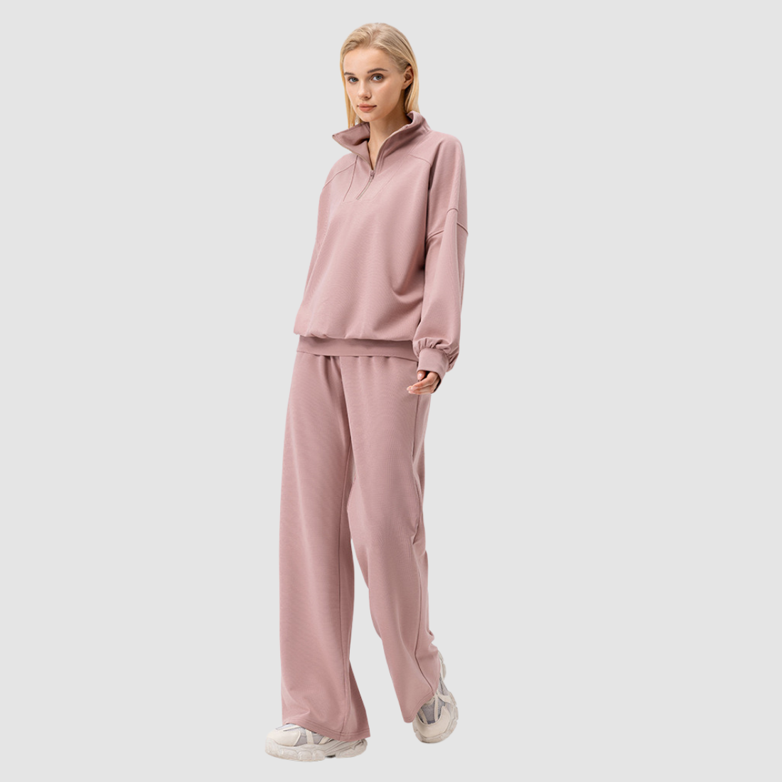 Wholesale Women’s Stand-Collar Lounge Set – Long Sleeve Sweatshirt & Wide-Leg Pants
