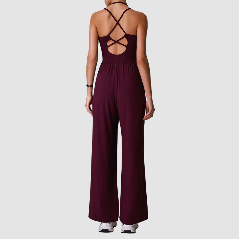 Wholesale Halter-Neck Cutout Open-Back Wide-Leg Jumpsuit with Built-In Bra – Casual Yoga Romper