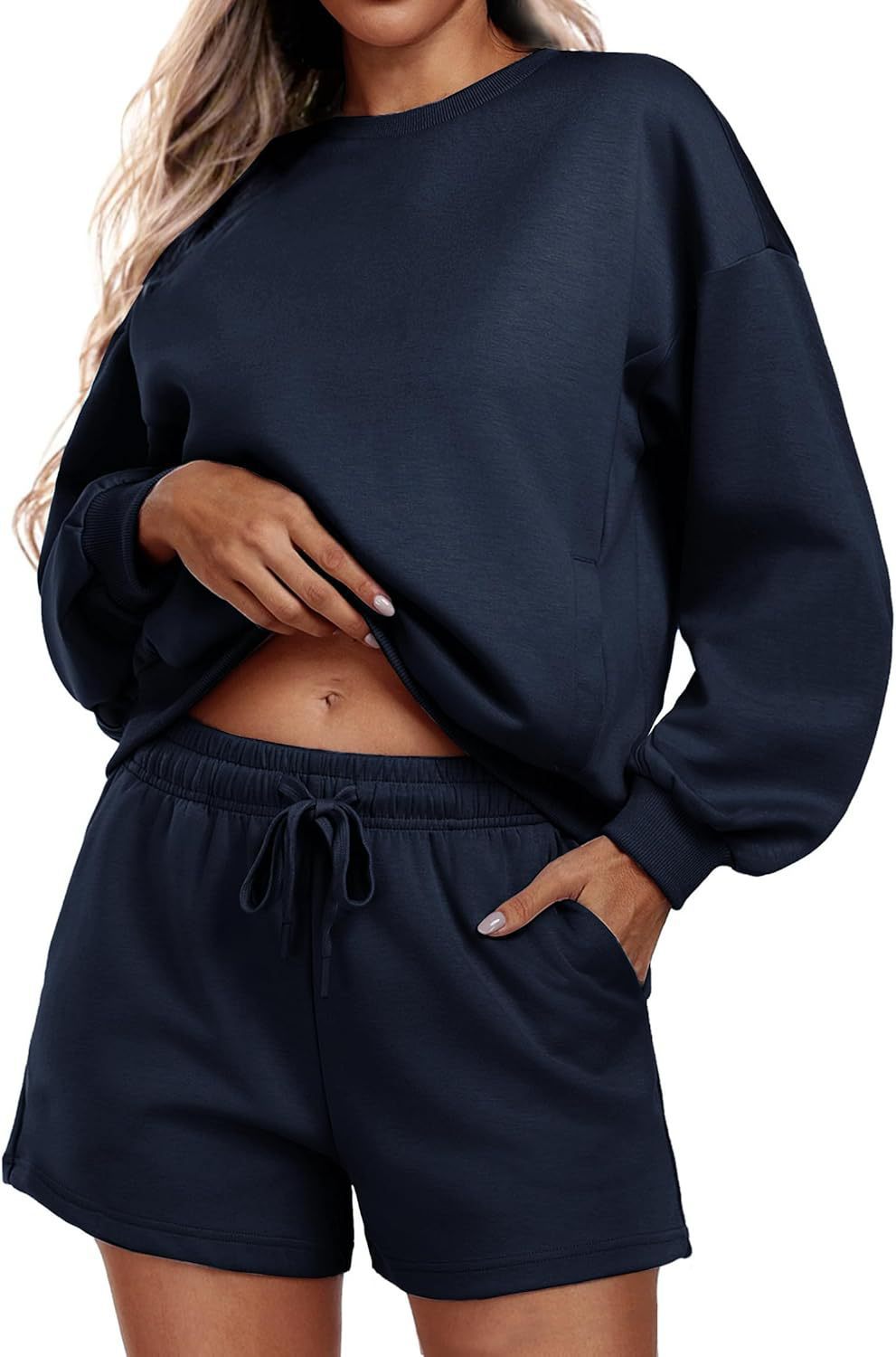 Round neck loose casual sweatshirt+Loose-fitting athletic shorts 2-piece set