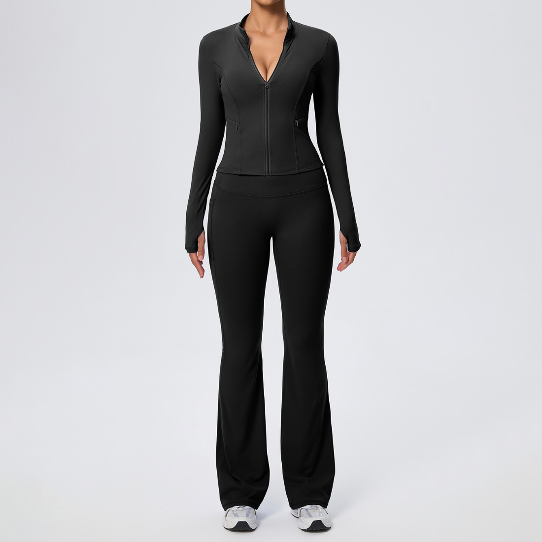 Wholesale Women's Activewear Zip Pocket Jacket & Flare Pants Yoga Set