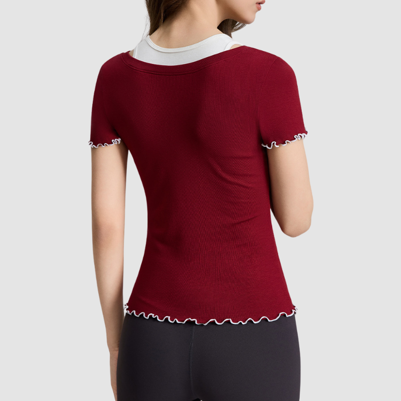 Wholesale Women's Faux Two-Piece Contrast Color Short-Sleeve Yoga Top – Slim Fit Activewear