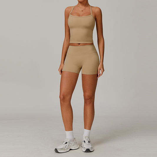 Tapa del tanque de yoga de cruz cepillado + pantalones cortos de cintura alta de 2 piezas