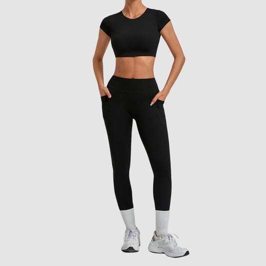 Wholesale Women's Naked-Feel Short Sleeve Crop Top + High-Waist Leggings Set – Moisture-Wicking Yoga Fitness Activewear