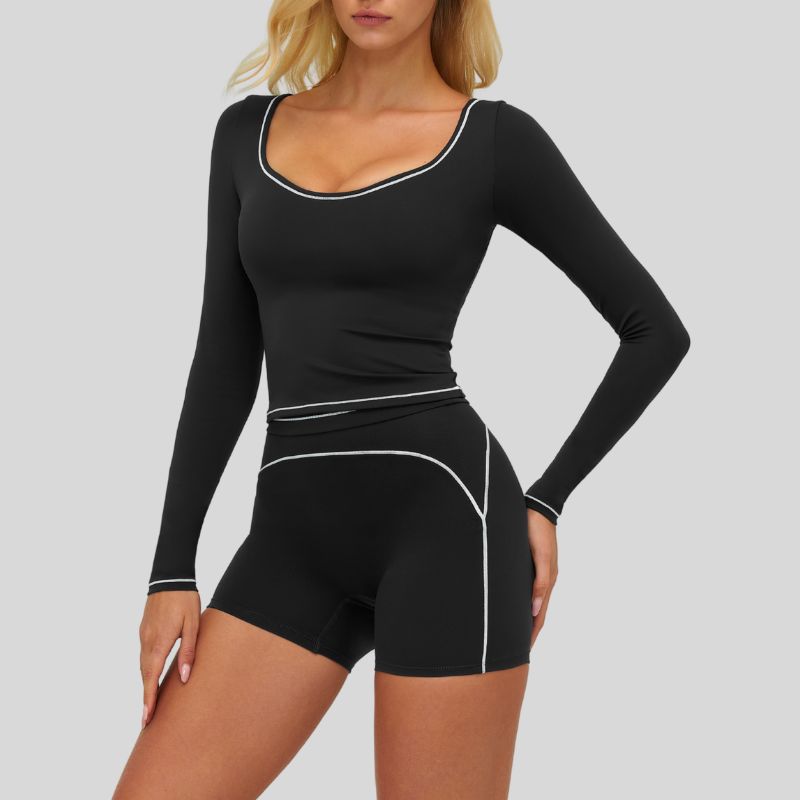 Color-blocked long-sleeved sports top+High waisted shorts 2-piece set