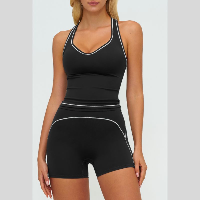 Contrasting racerback tank top+High waisted shorts 2-piece set